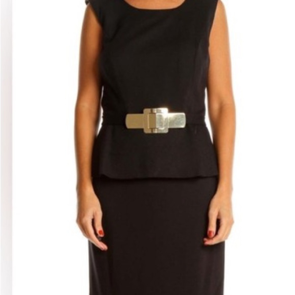 Alfani Black Peplum Sleeveless Knee-Length Dress; Gold Tone Accent Belt; Size 8
